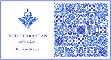 İtalyan seramik mavi ve beyaz fayans deseni. Akdeniz porselen çömleği. Etnik halk süsleri. Meksika Talavera, Portekiz Azulejo, İspanyol majolikası, arabesk motifi. Vektör illüstrasyonu