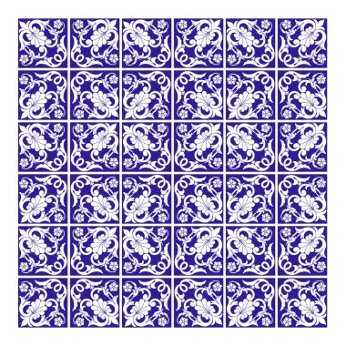İspanyol majolikası pürüzsüz desen. Sicilya 'nın el yapımı etnik halk mavisi süsü. Akdeniz porselen çömleği. Meksika Talavera, Portekiz Azulejo, Arabesk motifi. Vektör illüstrasyonu