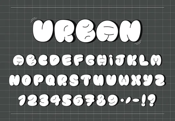 Siyah çizgili, kabarcık yazı tipi beyaz. Büyük harfler, sayılar ve noktalama işaretleri. Izgara arkaplanındaki karşıt karakterler. Sokak sanatı, şehir tasarımları, logo ve tipografi için mükemmel. Vektör.