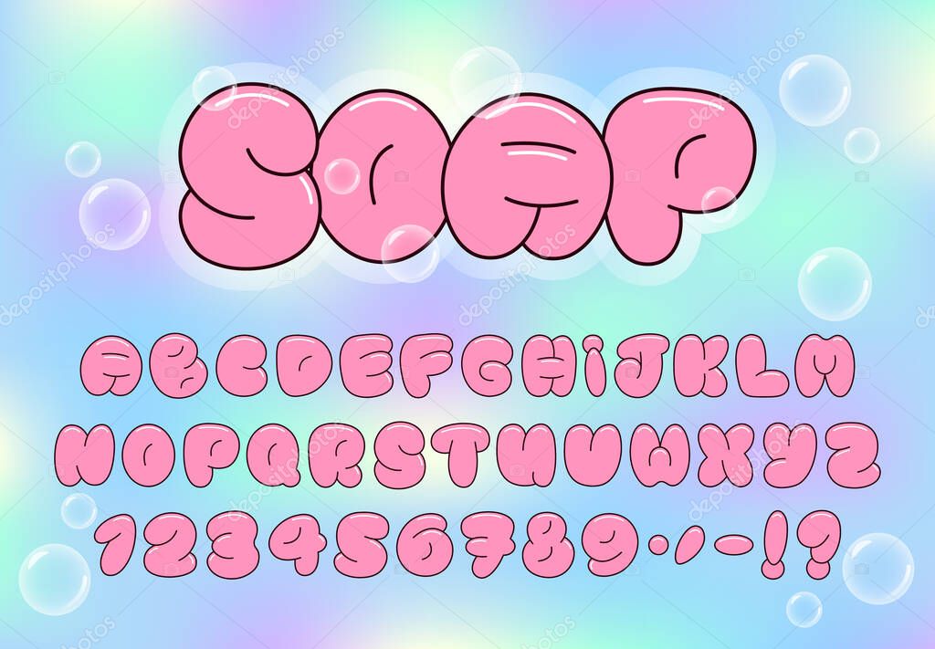 Plump font with uppercase letters, numbers and punctuation. Pastel rainbow backdrop with soap bubbles. Perfect for childrens design, beauty products, fun branding and typography. Vector illustration.