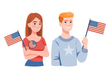 Bayrağı olan mutlu Amerikan vatandaşları. Politik kampanya çeşitli karikatür karakterleri. Amerikan bayrağı rozetli Amerikalı bir kadın ve Holding Flag 'li bir adam. Seçim 2024 kişi koleksiyonu. Vektör illüstrasyonu.