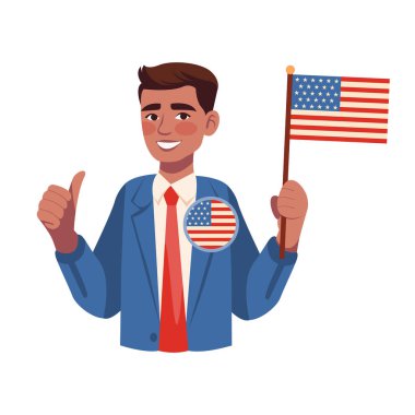 Ulusal bayrak taşıyan ABD kampanya rozetli genç adam gülümse. Başkanlık seçim kampanyası çizgi film karakteri. Oylar 2024 'e. Düz tasarım elemanı. Politik tasarımlar için mükemmel. Vektör illüstrasyonu.