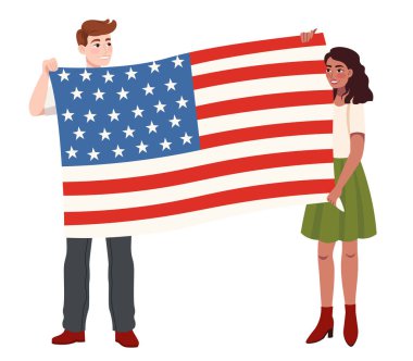 Amerikan bayrağı taşıyan vatansever gençler. ABD seçim konsepti. Bağımsızlığın kutlu olsun 4 Temmuz, seçim kampanyası. Beyaz arka planda izole çizgi film karakterleri. Vektör illüstrasyonu.