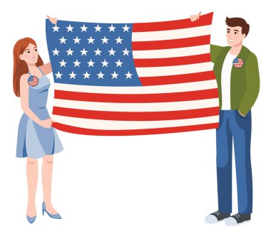 Amerikan bayrağı taşıyan vatansever gençler. ABD seçim konsepti. Bağımsızlığın kutlu olsun 4 Temmuz, seçim kampanyası. Beyaz arka planda izole çizgi film karakterleri. Vektör illüstrasyonu.