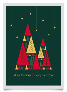 Mutlu yıllar ve Mutlu Noeller tebrik kartı. Zarif geometrik minimalist stil. Dekorasyon ve Noel ağacı elementi. Kış kapağı, davetiye kartı, poster tasarımı. Modern düz vektör illüstrasyonu. 