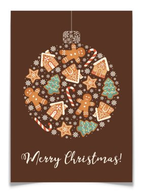 Zencefilli kurabiye evleri, erkekler, köknar ağaçları ve yıldız kartpostal tasarımlarıyla dolu mutlu noel baloları. Kahverengi arka planda beyaz kar tanesi. Yeni yıl tebrik kartı şablonu. Vektör illüstrasyonu