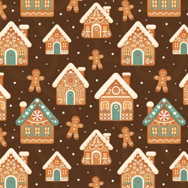 Elle çizilmiş zencefilli kurabiye evleri ve erkekler ile kusursuz bir Noel deseni. Kremalı geleneksel kurabiyeler. Ev yapımı bisküvi. Paketleme için kış tatili baskısı. Şirin düz çizgi film stili vektör çizimi