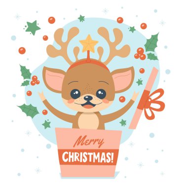 Cute baby deer jumps out of Christmas gift box. Greeting cute joyful reindeer animal in carton package. Winter holiday hand drawn elements like stars, snowflakes and holly berries. Vector illustration clipart