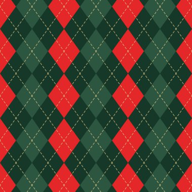 Kusursuz baklava desenli ekose Noel deseni. Yeşil, kırmızı eşkenar dörtlü geleneksel İskoç süsü. Sarı çizgili felç. Pastil geometrik elmaslarla donatılmış bir arka plan. Kumaş dokusu. Vektör illüstrasyonu.