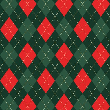 Kusursuz baklava desenli ekose Noel deseni. Yeşil, kırmızı eşkenar dörtlü geleneksel İskoç süsü. Sarı çizgili felç. Pastil geometrik elmaslarla donatılmış bir arka plan. Kumaş dokusu. Vektör illüstrasyonu.