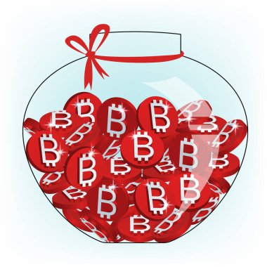 Parlak kırmızı Bitcoin dolu cam kavanoz şenlik kurdelesiyle bağlanmış. Kripto para birimi, engelleme zinciri, kripto ticareti, dijital para tasarrufu veya yatırımlar. Şifreli bozuk para sembolü. Vektör illüstrasyonu.