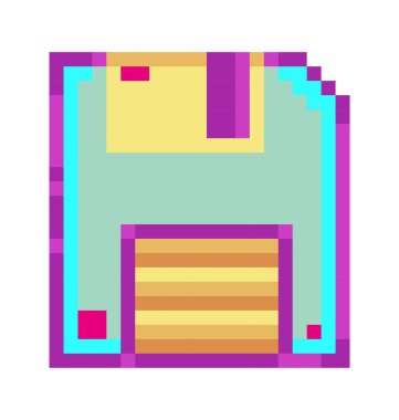 Piksel sanat disketi. Ses ve filmler için klasik disket sürücüsü. Beyaz arkaplanda 8 bit dijital nostaljik simge. 90 'ların bilgisayar oyunu öğesi. Vektör izole illüstrasyonu.
