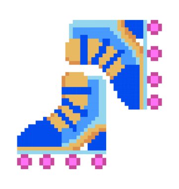 Pikselli pembe tekerlekli patenler. Klasik bir açık hava pateni pisti. Beyaz arkaplanda Retro 8 bit dijital simge. 90 'ların bilgisayar oyunu arayüzü ögesi. Vektör izole edildi