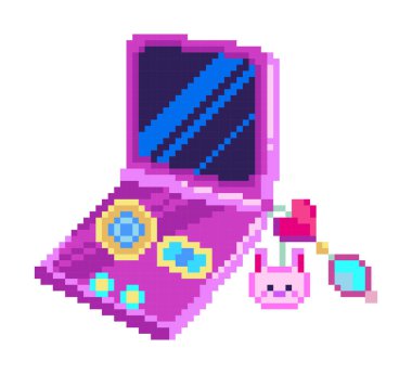 Pixel art handheld game console. 90s pocket gadget with display and directional pad. Retro 8 bit purple electronic device on white background. Vintage retrowave sticker. Vector isolated illustration. clipart