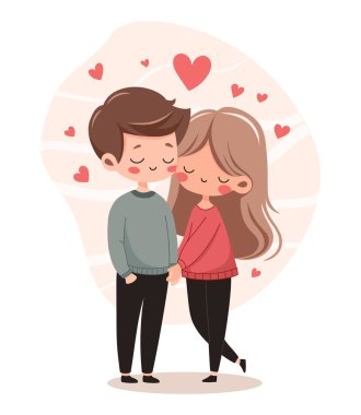 Etrafta yüzen kalpleri olan genç bir çift. Sevimli bir çift kız ve erkek el ele tutuşuyorlar. Sevgililer Günü romantik konsepti. Sevgili ve sevgili ilişkisi. Düz vektör illüstrasyonu.