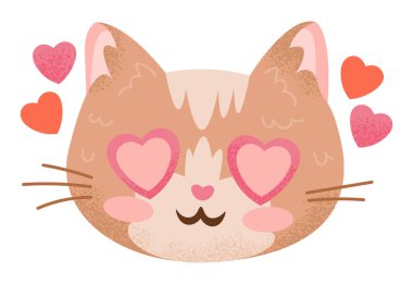 Kalp şeklinde gözleri olan kırmızı kedi suratlı çizgi film. Sevgililer Günü karakteri aşık. Güzel kızıl, kedi kafalı. Romantizm konsepti. Sevimli, el yapımı bir hayvan. Düz biçimde izole edilmiş vektör illüstrasyonu.