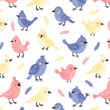 El çizimi mavi, sarı ve pembe kuş karakterli kusursuz desen. Şirin renkli papağanlar, kanaryalar ve serçeler. Sevgililer Günü konsepti. Aşık çizgi film hayvanları. Düz vektör illüstrasyonu.