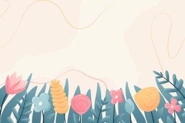 Masaüstü için Çiçek Arkaplan Tasarımı. Çiçekli pastel yatay afiş kenar, yapraklar ve soyut elementler. Sevgililer günü, anneler günü ve bahar kutlaması için mükemmel. Vektör illüstrasyonu.