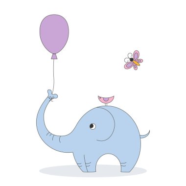 Kelebeği ve balonu olan sevimli mavi bebek fil karakteri. Minimalist el çizimi, pastel renkli çizgi film karakteri. Saf çocuklar vahşi hayvan stili çiziyor. Vektör illüstrasyonu.