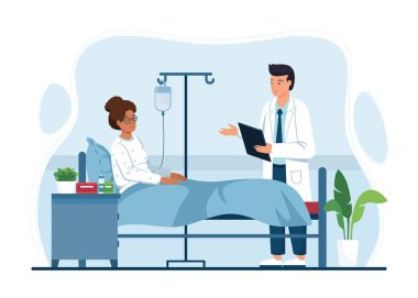 Doktor, damar yoluyla hasta yatağında yatan kadını ziyaret ediyor. Hastane odasında doktorla konsültasyon. Cerrah muayene sonuçları, hastalık ve tedavi planlarından bahseder. Vektör illüstrasyonu.