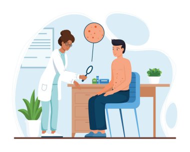 Deri döküntüsü olan hastaları muayene eden doktor. Dermatolog, vücudunda kırmızı sivilceler olan adamı kontrol ediyor. Hemşire erkeği akne, frengi virüsü, alerji ya da egzama ile muayene ediyor. El çizimi çizgi film karakterleri. Vektör illüstrasyonu