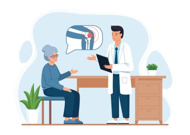 Yaşlı kadın diz ağrısı hakkında doktora şikayette bulunuyor. Hastane randevu sahnesi. Kemik erimesi, eklem iltihabı, ağrı iltihabı, bacak yaralanması. Büyükanne romatizmayla mücadele ediyor. Vektör illüstrasyonu.