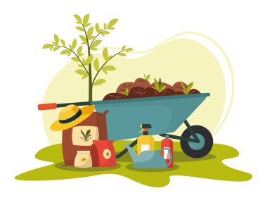 Topraklı el arabası, genç ağaç, gübre torbası, sulama tenekesi ve şapkalı bir bahçe sahnesi. Tarım araçları ve tarım ekipmanları konsepti. El yapımı tasarım elementleri. Düz vektör illüstrasyonu.