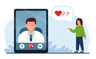 Tablet ekranda hasta ve doktorla görüntülü görüşme. Genç kadın kalp atışları hakkındaki endişelerini dile getiriyor. Uzaktan sağlık hizmeti, teletıp ve online tanı konsepti. Düz vektör illüstrasyonu.