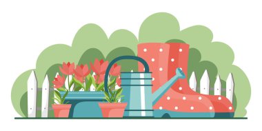 Bahçe sahnesinde sulama tenekesi, saksıda çiçekler, lastik botlar, ahşap çitler ve yeşil çalılar. Bahar bahçıvanlığı, açık hava aktiviteleri ve doğa bakımı konsepti. Düz izole vektör illüstrasyonu.