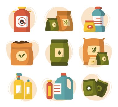 Çeşitli gübre seti ve bahçe ürünleri paketleri. Tohumlar, böcek ilaçları, bitkiler, toprak besinleri ve sıvı şişeler. Çiftçilik, bahçe ve tarım konsepti. Düz izole vektör illüstrasyonu.