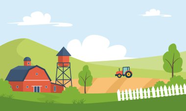 Kırsal çiftlik, kırmızı ahır, su kulesi ve tarlada çalışan traktör. Yeşil tepeler, ağaçlar ve beyaz çitler. Huzurlu kırsal atmosfer. Çiftçilik ve tarım kavramı. Düz vektör illüstrasyonu.