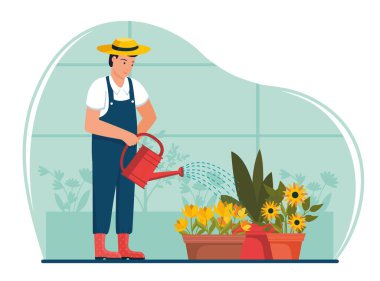 Çiftçi, serada sulama tenekesiyle saksı çiçeği suluyor. Bitkiler, yeşillikler ve yeşillikler arka planda. Bahçıvanlık, bahçıvanlık, sulama ve bitki bakımı konsepti. Düz vektör illüstrasyonu.