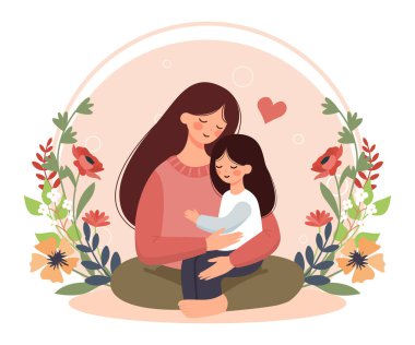 Sevgi dolu anne kızını kucaklıyor. Güzel yaban çiçekleri çerçevesi. Pastel renklerde çiçek açan elementler. Anneler Günü konsepti. Annelik bakımı ve aile bağları. Düz izole vektör illüstrasyonu.