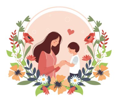 Sevgi dolu anne, çocuğun elini tutuyor. Güzel yaban çiçekleri çerçevesi. Pastel renklerde çiçek açan elementler. Anneler Günü konsepti. Annelik bakımı ve aile bağları. Düz izole vektör illüstrasyonu.