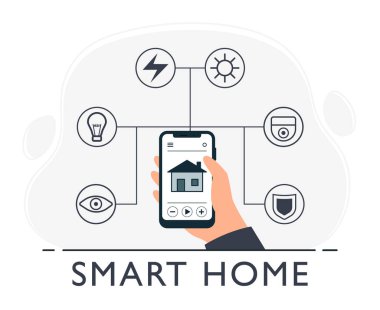 Cep telefonundaki uzaktan kumanda sistemine bağlı akıllı ev aygıtları. Cihazı elinde tutup izliyorsun. Elektrik, aydınlatma, ısıtma, gözetleme, güvenlik uygulaması. Vektör illüstrasyonu.