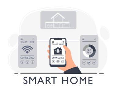 Akıllı ev cep telefonundaki uzaktan kumanda sistemine bağlı. Cihazı elimde tutup otomasyonu izliyorum. Elektrik, ışıklandırma, ısıtma uygulaması. İnternet gibi şeyler. Vektör illüstrasyonu