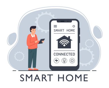 Uzaktan kumandalı akıllı ev. Adam cep telefonu uygulaması kullanıyor. Elektrik, kablosuz bağlantı, aydınlatma, aygıt ekran arayüzündeki termostat ayarları. Modern teknoloji evi konsepti. Düz vektör illüstrasyonu