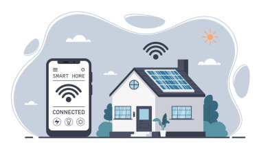 Güneş panelleri ve kablosuz kablosuz kablosuz kontrol sistemi olan modern akıllı bir ev. Uzaktan izleme, elektrik, aydınlatma ve ev ısıtma sistemli mobil uygulama arayüzü. İnternet gibi şeyler. Düz vektör illüstrasyonu