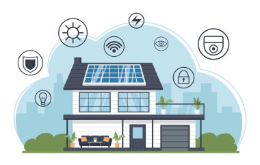 Çatıda güneş panelleri olan modern akıllı bir ev. Wi-Fi, güvenlik kamerası, güvenlik sistemi, aydınlatma, enerji ve akıllı kilitler uzaktan kumanda. Gelecekçi ekolojik teknoloji konağı. Vektör illüstrasyonu.