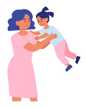 Anne, kızını elleriyle havaya kaldırıyor. Annem küçük çocukla oynuyor. Mutlu ebeveyn çocuğu kucaklıyor. Aile, ebeveynlik, annelik ve çocukluk kavramı. Düz izole vektör illüstrasyonu.