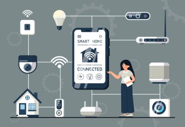 Kız akıllı ev sistemini mobil uygulamadan kontrol ediyor. Güvenlik kamerası, akıllı kilit, termostat, kablosuz ağ yönlendirici, ses asistanı ve akıllı telefon ve eve bağlı ampul. Düz vektör illüstrasyonu.