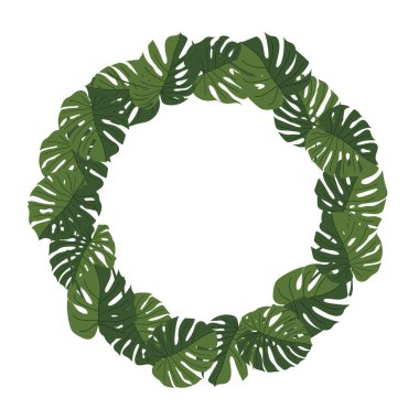 Farklı şekil ve yönelimlerde canavar yapraklarından yapılmış tropikal çelenkler. Koyu yeşil yeşillik çerçevesi. Doğal delikler ve yarıklarla ayrılıyor. Tropik orman konsepti. Düz izole vektör illüstrasyonu.