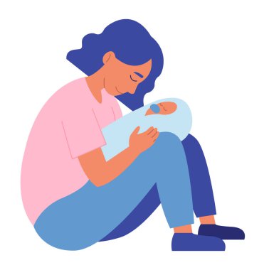 Anne, bebeği dizlerinin üstünde uyurken izliyor. Anne yeni doğan çocuğu kucaklar. Çocuklu mutlu bir ebeveyn. Aile, ebeveynlik, annelik ve çocukluk kavramı. Düz izole vektör illüstrasyonu.