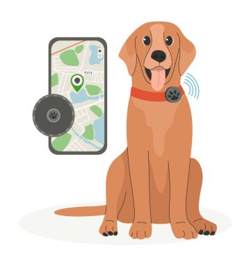 GPS izleyici etiketli kırmızı yakalı mutlu golden retriever 'lar. Akıllı telefon ekranında konum kodlu harita. Gerçek zamanlı hayvan izleme teknolojisi. Yavru köpek izlemede. Düz vektör illüstrasyonu.