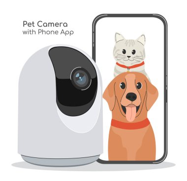 Evcil hayvan güvenlik kamerası. Akıllı telefon uygulaması ile modern izleme çözümleri. Evcil hayvanlar için ev güvenliği. Cep telefonunda canlı kedi ve köpek görüntüsü var. Düz vektör illüstrasyonu.