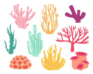 Okyanus mercanları, deniz şakayıkları ve yosun koleksiyonu. Renkli mercan resifi flora ve fauna. Su altı yosunları hazır. Akvaryum deniz bitkileri konsepti. Deniz altı yaban hayatı. Düz vektör illüstrasyonu.