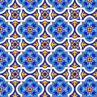 İtalyan mavi ve sarı seramik seramik dikişsiz desen. Akdeniz porselenleri etnik halk süsü tasarlıyor. Meksika Talavera, Portekiz Azulejo, İspanyol majolikası, arabesk motifi. Vektör illüstrasyonu