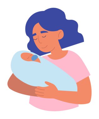 Annesinin yeni doğan oğlunu kucağına aldığı sahne. Kadınlar mavi bezli bebeğe sarılır. Ebeveyn küçük çocuğu kucaklıyor. Annelik için sevgi dolu bir an. El çizimi çizgi film karakterleri. Düz vektör illüstrasyonu.