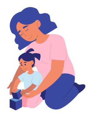 Sevgili anne kızıyla küp oynuyordu. Kadın, kızın yapımına yardım ediyor. Ebeveyn ve çocuk tuğla oyununun keyfini çıkarıyorlar. Aile birlikte eğleniyor. El çizimi kadın karakterler. Düz izole vektör illüstrasyonu