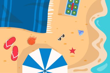 Kumda deniz dalgaları olan bir arka plan. Yaz plajının en iyi manzarası. Parmak arası terlikler, deniz yıldızı, güneş gözlüğü, kumdaki cam şişeler ve şemsiye. Tropik tatil konsepti. Düz vektör illüstrasyonu.